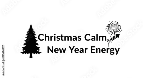 A striking black and white graphic design elegantly contrasts the peaceful tranquility of Christmas with the vibrant, celebratory energy of the New Year.