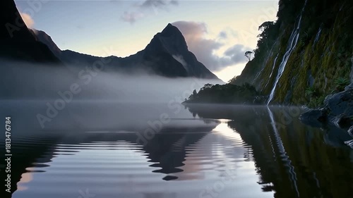 Iconic Mitre Peak Reflected in Foggy Milford Sound at Dawn.