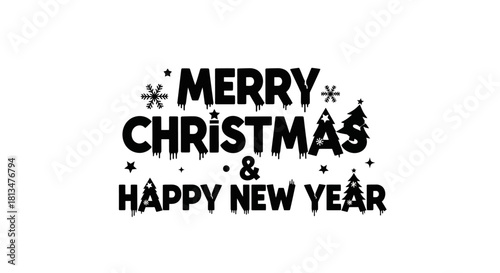 A cheerful black and white typographic design wishing "Merry Christmas & Happy New Year," adorned with festive stars and snowflakes, perfect for holiday greetings.