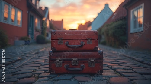 Fototapeta Naklejka Na Ścianę i Meble -  Two vintage suitcases on cobblestone street at sunset