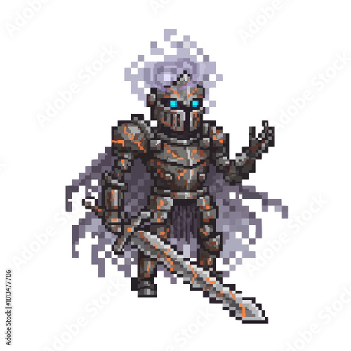 pixel art hollow iron wraith knight emitting cursed smoke