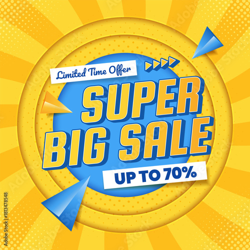 Yellow and blue super big sale with element and spiral shape social media template. Shopping promotions design