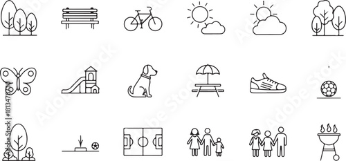Park Icons Collection: A curated collection of minimalistic line art icons representing essential elements found in a vibrant park setting. perfect for use in design projects.