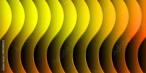 Neon ribbed fractal glass 3d background. Holographic vertical stripe pattern with vibrant purple blue yellow gradient. Abstract black bg, iridescent texture lines in radiant colors. 3D illustration