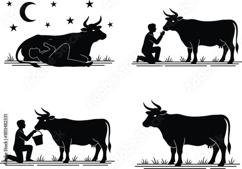 Human cow interaction, rural life, farming scene, spiritual bond, milking cow, silhouette vector, agriculture art, illustration, flavector