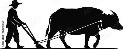 Traditional farming silhouette, water buffalo plow, farmer in field, rural agriculture scene, manual labor vector, flavector
