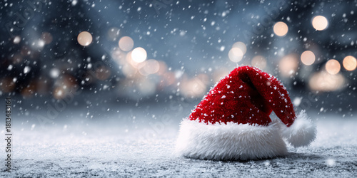 Red Santa Claus hat on snowy ground with falling snow and bokeh lights