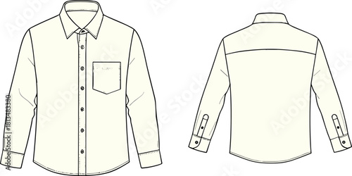 Long sleeve button up shirt technical fashion flat sketch vector illustration with front and back views isolated on white background.