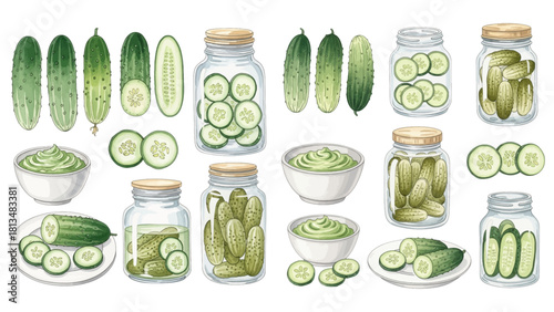 A collection of fresh whole and sliced cucumbers, along with various jars of pickled cucumbers and bowls of green relish, illustrating different forms of this vegetable.