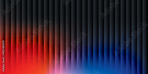Neon ribbed fractal glass 3d background. Holographic vertical stripe pattern with vibrant purple blue yellow gradient. Abstract black bg, iridescent texture lines in radiant colors. 3D illustration