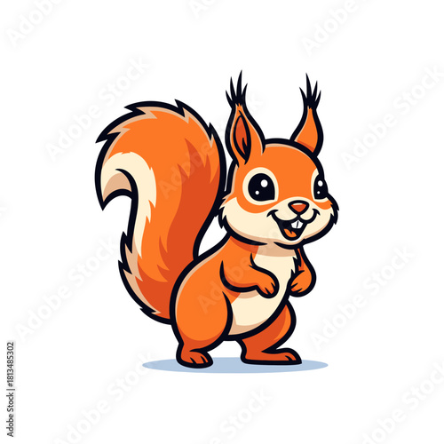 Cartoon squirrel with orange fur and a bushy tail standing upright.