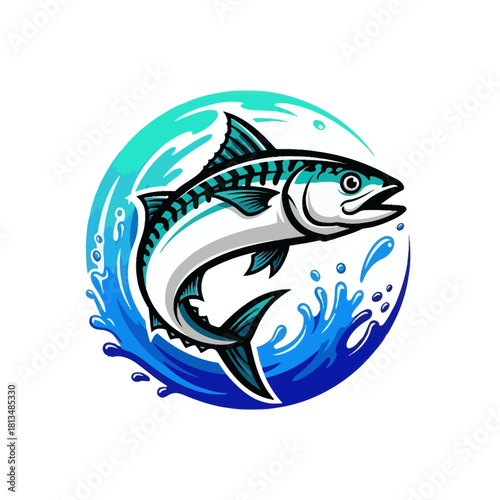 Illustration of a mackerel fish jumping out of water with a circular wave background.