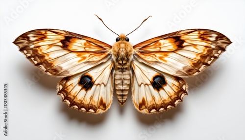 An intricately detailed butterfly with a brown and cream body and wings, poised against a white background.