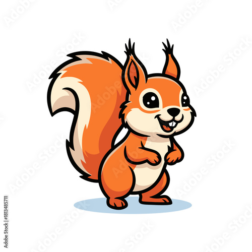 Cartoon squirrel with a bushy tail standing on its hind legs.