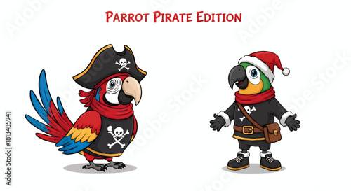 Two cartoon parrots dressed in costumes, one in a pirate outfit and the other in a Christmas Santa Claus outfit, displayed against a white background.
