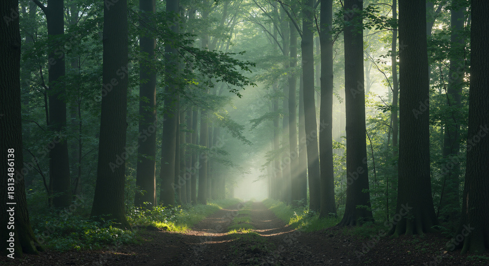 Fototapeta premium Mystical forest pathway with sunlight shining through trees 