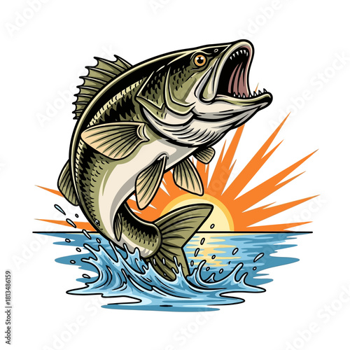 Bass fish jumping out of water with sun in the background illustration.