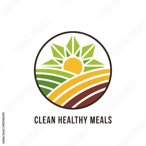 Circular logo featuring a stylized sun rising over fields, promoting clean healthy meals.
