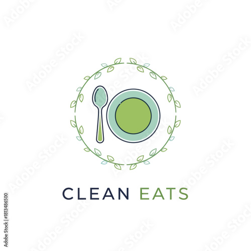 Clean Eats Logo Design with Plate and Spoon.