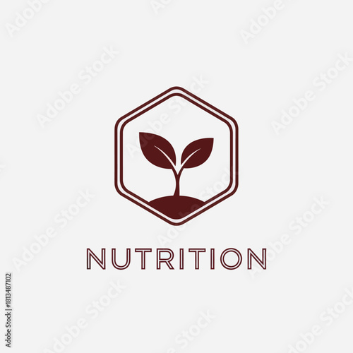 Minimalist nutrition logo with a growing plant sprout inside a hexagon frame.