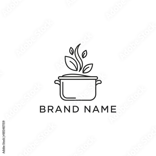 Minimalist cooking pot logo with leaves and steam for healthy food brand.