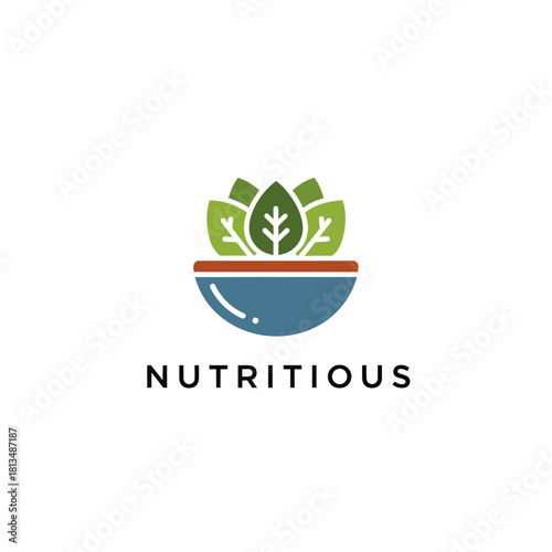 Nutritious Bowl Logo with Fresh Greens and Leaf Design for Healthy Eating.