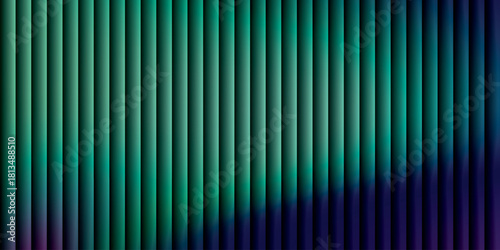 Neon ribbed fractal glass 3d background. Holographic vertical stripe pattern with vibrant purple blue yellow gradient. Abstract black bg, iridescent texture lines in radiant colors. 3D illustration