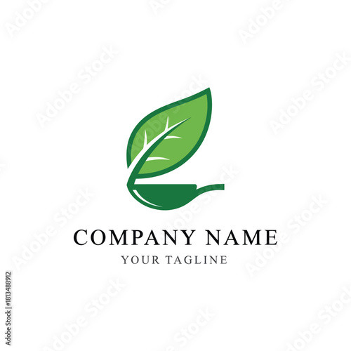 Green leaf spoon logo representing healthy food and natural ingredients for a company.
