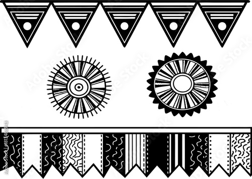 Set of decorative party pennant banners and sunburst badges