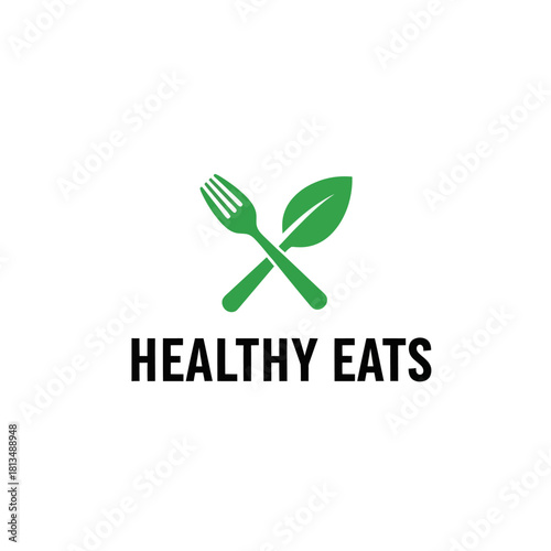 Healthy Eats Logo with Fork and Leaf Symbol.