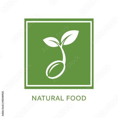 Natural food logo with a green square and a sprouting seed design.
