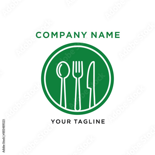 Green Circle Logo with Spoon Fork and Knife for Restaurant Business.