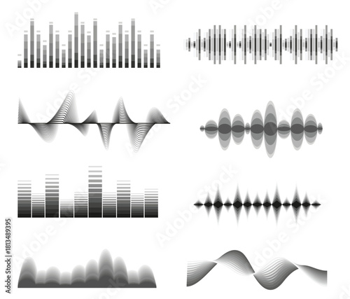 Abstract vector illustration featuring a range of sound amplitude patterns, from smooth sine waves to jagged peaks and square-block equalizers, in a grayscale palette