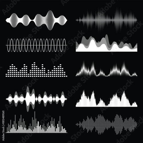 Set of diverse musical sound waves, including undulating lines, bar-style spectrum analyzers, and abstract frequency visualizations, all in monochrome tones against black