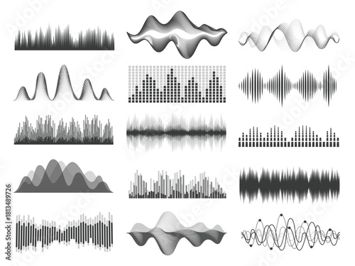 Digital audio waveforms and equalizer graphics, showcasing a variety of visual representations of sound frequencies and intensity, suitable for technology and music themes