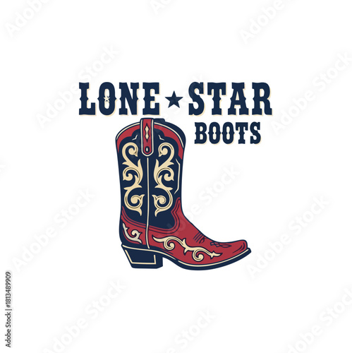 A vintage logo for Lone Star Boots featuring a decorative red and blue cowboy boot.