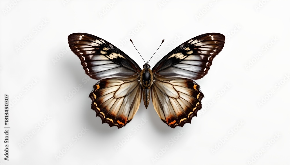 Obraz premium A monarch butterfly with iridescent wings is depicted on a white background, giving the appearance of a detailed sculpture or a high resolution photograph