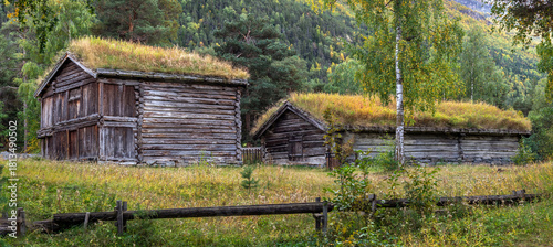 traditional old wooden house in Norway with grass on the roof