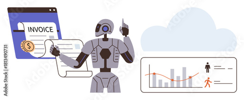 Robot processing invoices, analyzing data trends in graphs. Ideal for automation, finance, AI, analytics, future tech, cloud services efficiency. Simple flat metaphor