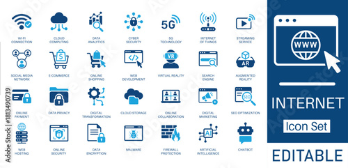 Internet and Digital Technology Solid Icon Set. Featuring 5G, Artificial Intelligence, Cloud Computing, and Cyber Security. Flat vector design for digital transformation and smart network projects.