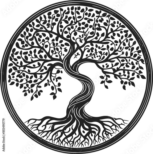 Line art of a tree growing inside a circle symbolizing harmony 1