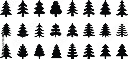 Array of black silhouette Christmas trees in different styles and sizes Keywords: christmas tree, christmas trees, tree, trees