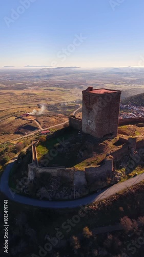 Sombra del Castillo de Feria al amanecer: un despertar tranquilo sobre el pueblo