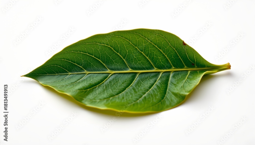 Obraz premium A single green leaf with visible veins, positioned against a neutral background that allows it to stand out.