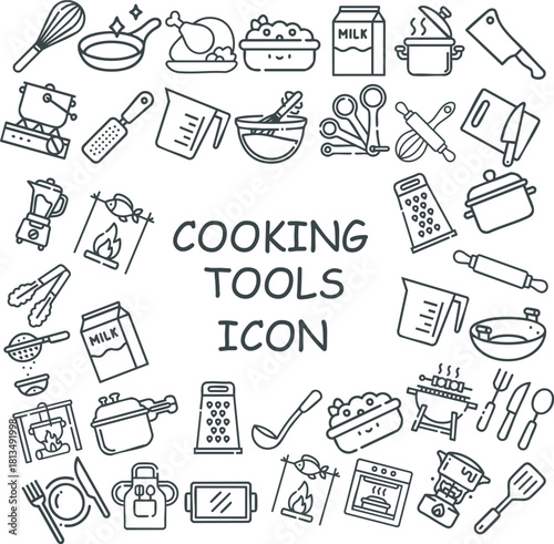Trendy line art cooking tools icon set featuring kitchen utensils, cookware, food prep elements, and culinary doodle. Perfect for recipe design, branding, menu graphics, and modern food illustration.