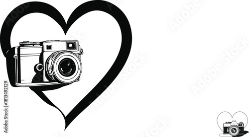 Line drawing of camera with heart-shaped lens 2