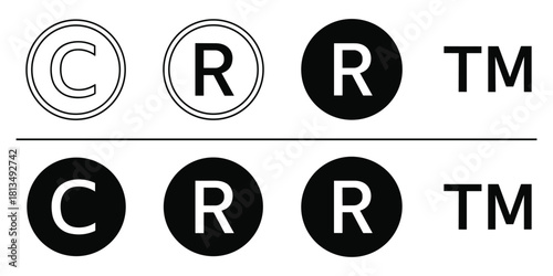 Copyright Trademark Service Mark Symbols In Black And White Outline And Solid vector illustration