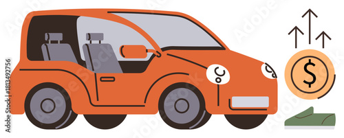 Orange car next to upward arrows and dollar coin indicating rising transportation costs or vehicle expenses. Ideal for automotive, economy, finance, fuel cost, savings, budget planning