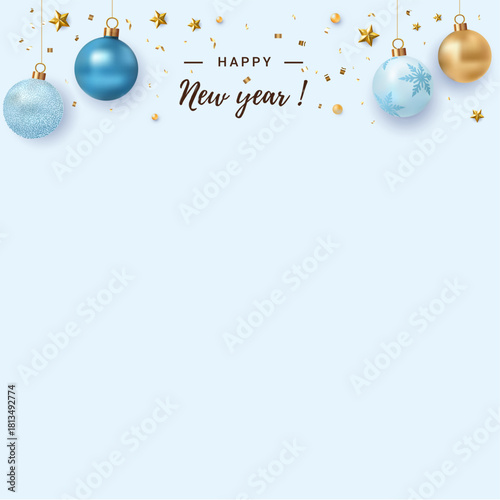 Merry Christmas greeting card vector white background design. Christmas hanging blue colored balls in glitter and gold shiny decoration elements. Vector illustration holiday season elegant card. 