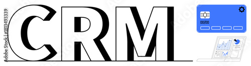 Large CRM text, software card interface with gear icon, dashboard on a laptop. Ideal for business tools, customer management, CRM solutions, data analysis, marketing, software planning simple flat